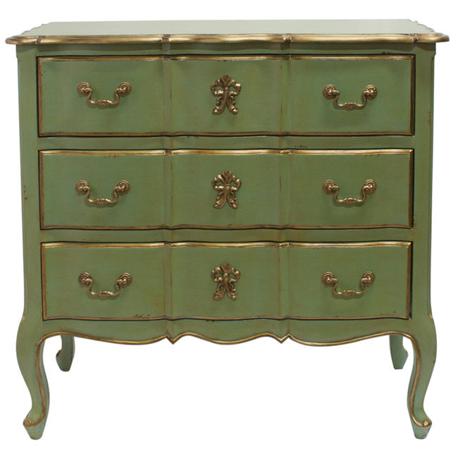 Marie Antoinette Gold accent Chest of Drawers French influence 90. Charming chest of drawers in traditional French colouring of mint green and antique