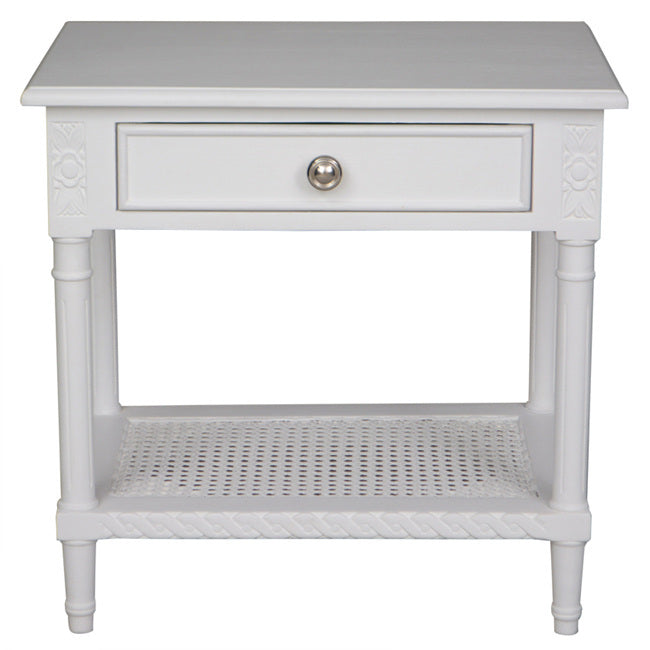 Polo Side Table/Bedside White w/shelf 60. Introducing the Hamptons White Bedside Table with Rattan Shelf