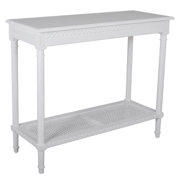 Polo Classic Console w/Shelf White 110, an attractive rattan shelf at the bottom for stacking magazines or displaying collections