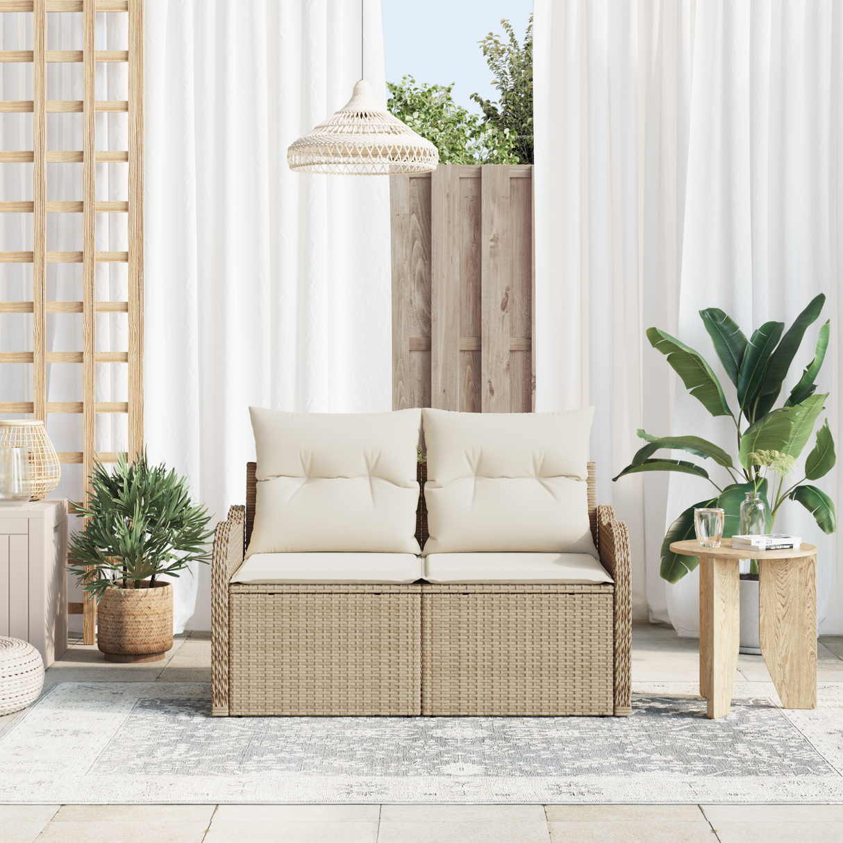 Garden Sofa with Cushion Beige 121 x 62 x 69cm Poly Rattan