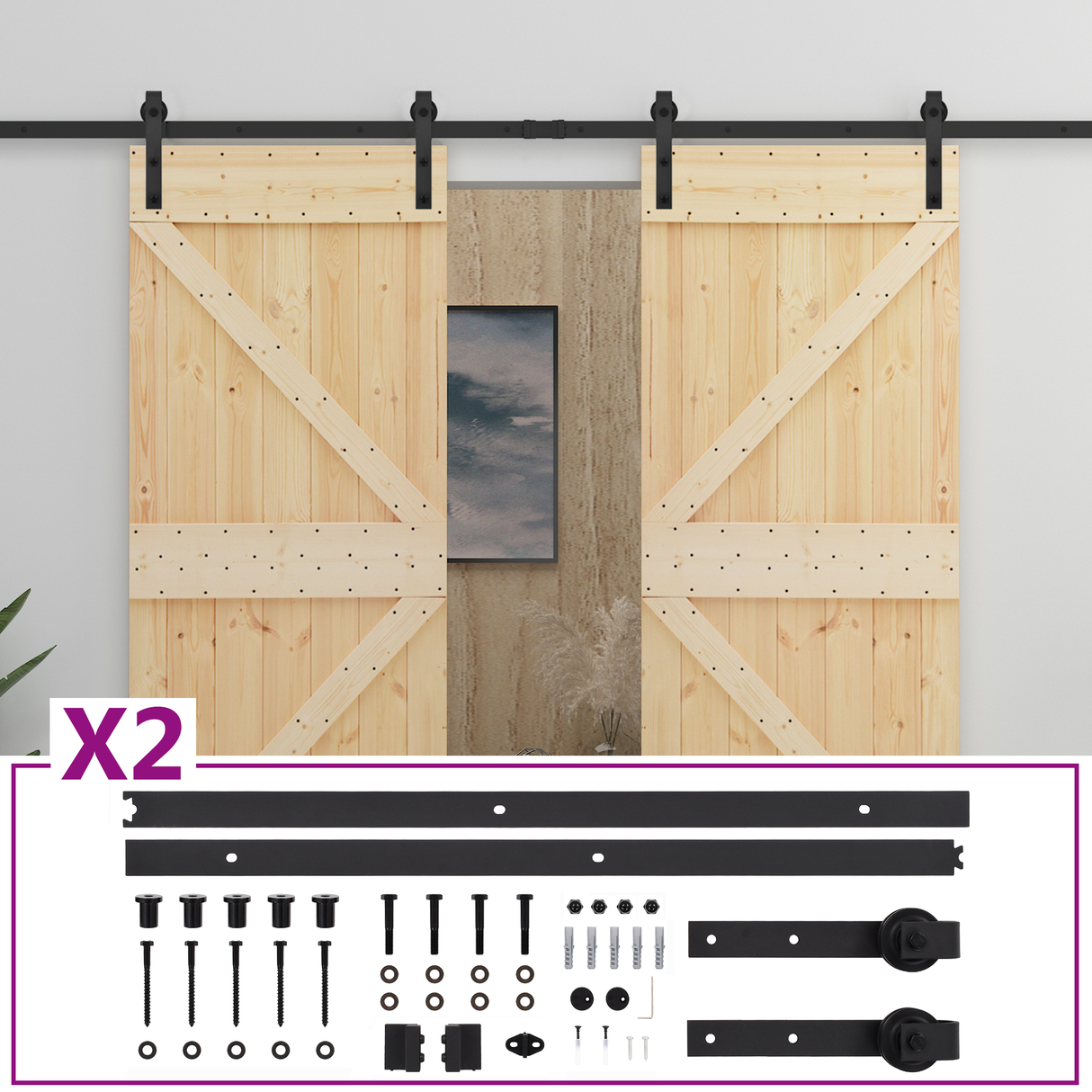 Sliding Door 2 pcs Natural and Black Solid Pine Wood
