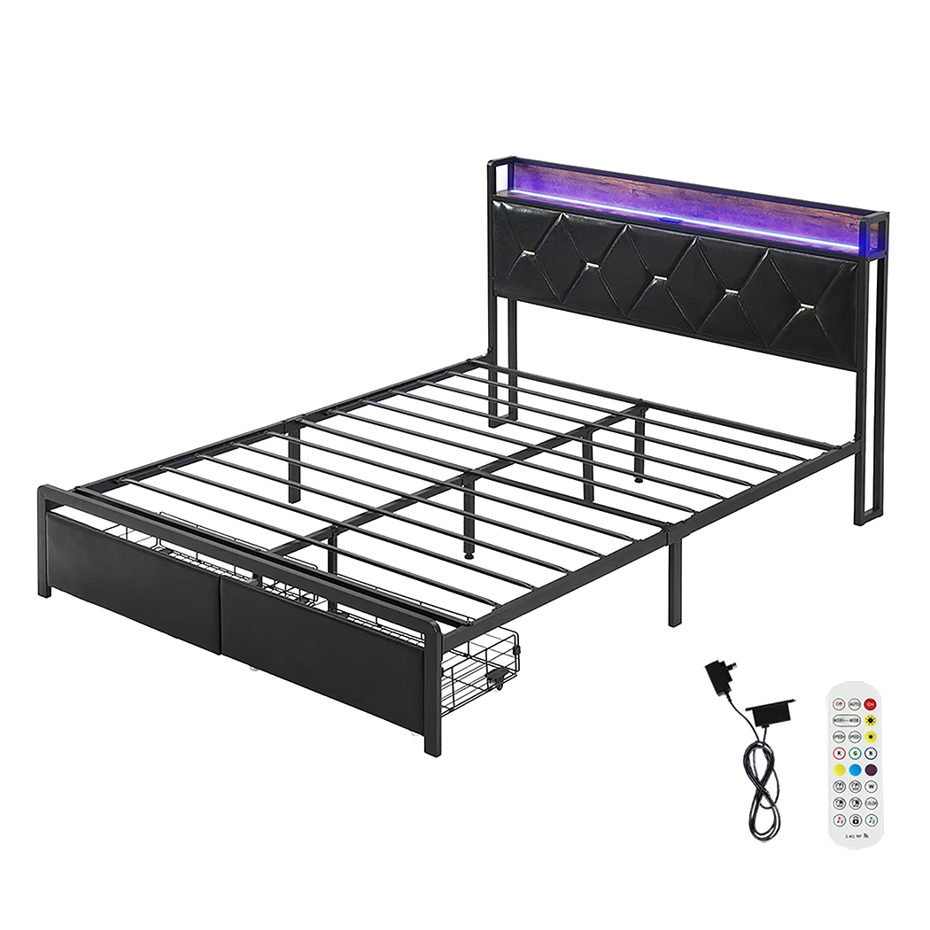 Levede Queen Metal Bed Frame LED Lights 2 Drawers-2018816912707948552