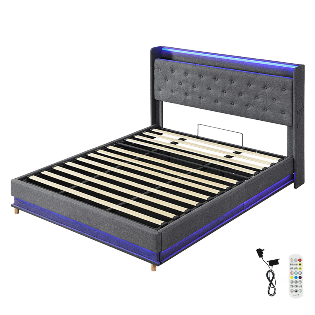Levede King Bed Frame Gas Lift Storage LED Light USB-1960920167890423816