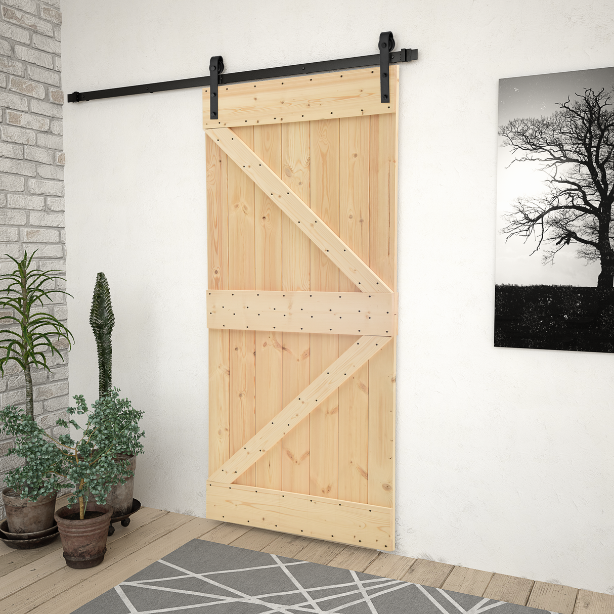 Sliding Door Natural and Black 90 x 210 cm Solid Pine Wood