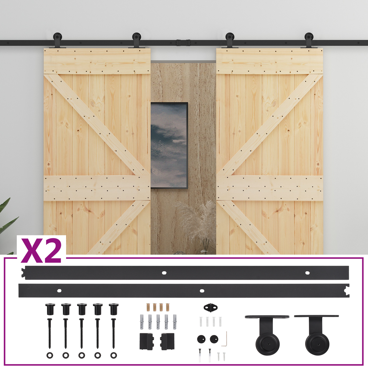 Sliding Door 2 pcs Natural and Black Solid Pine Wood