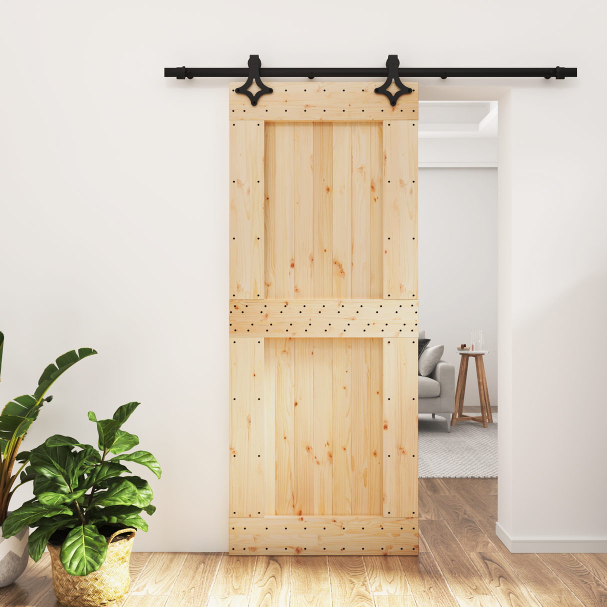 Sliding Door Natural and Black 85 x 210 cm Solid Pine Wood