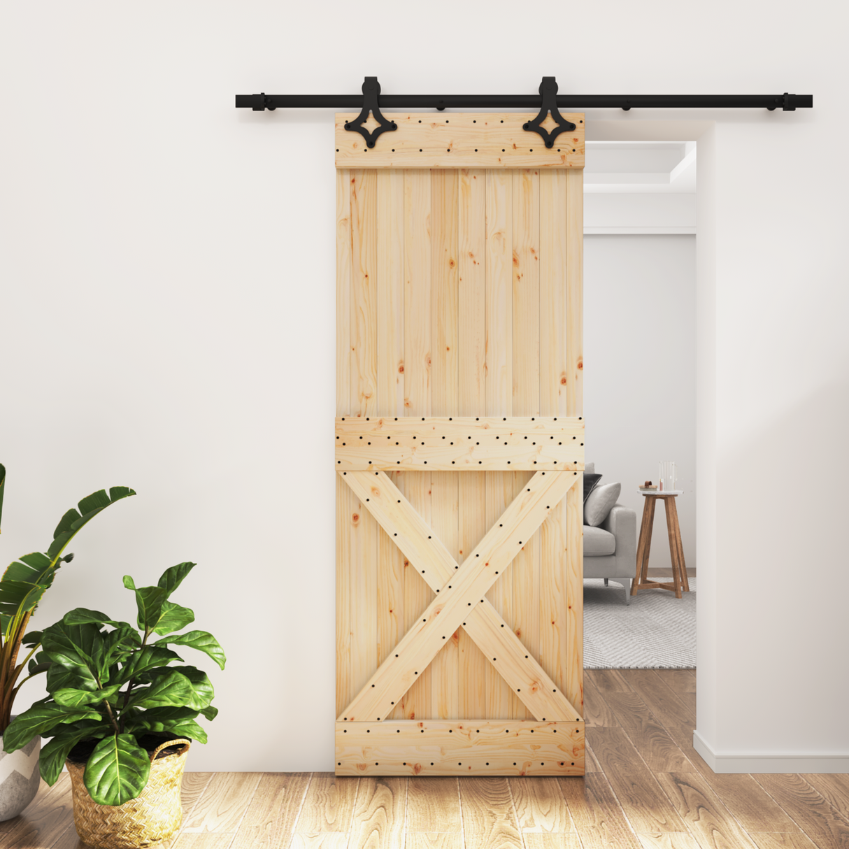 Sliding Door Natural and Black 80 x 210 cm Solid Pine Wood