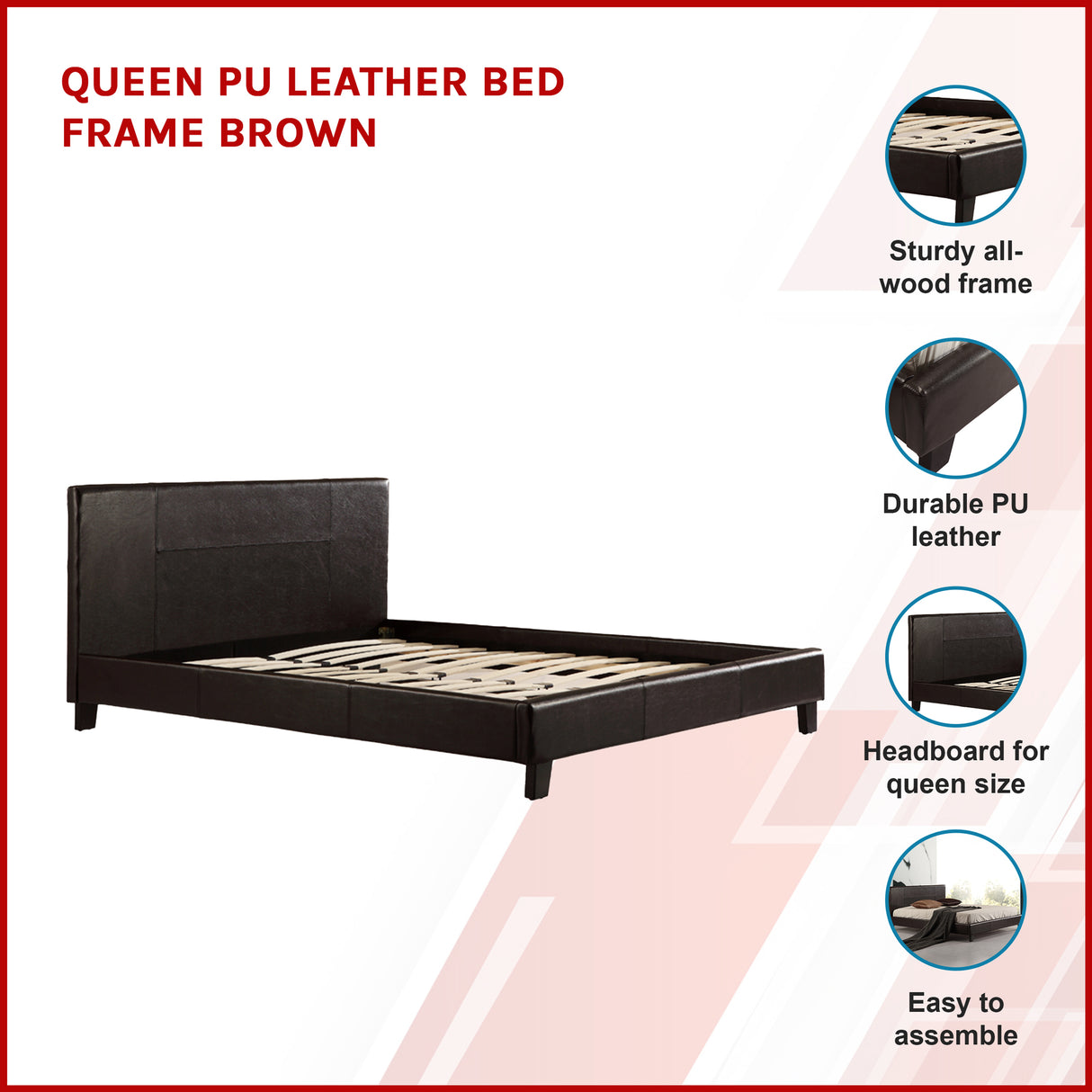 Queen PU Leather Bed Frame Brown