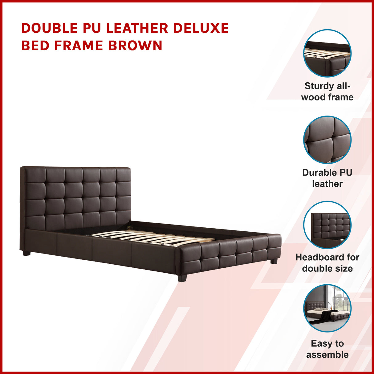 Double PU Leather Deluxe Bed Frame Brown