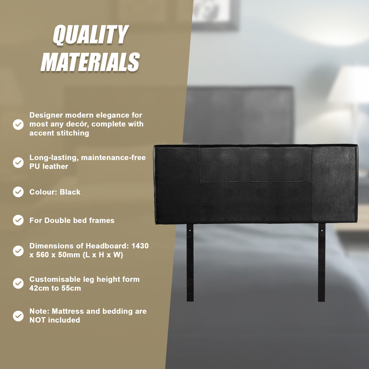 PU Leather Double Bed Headboard Bedhead - Black