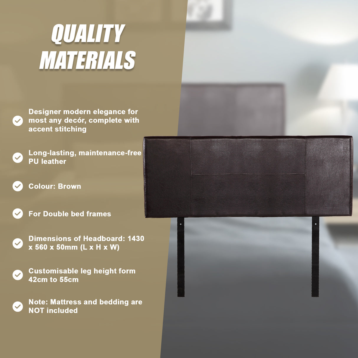 PU Leather Double Bed Headboard Bedhead - Brown