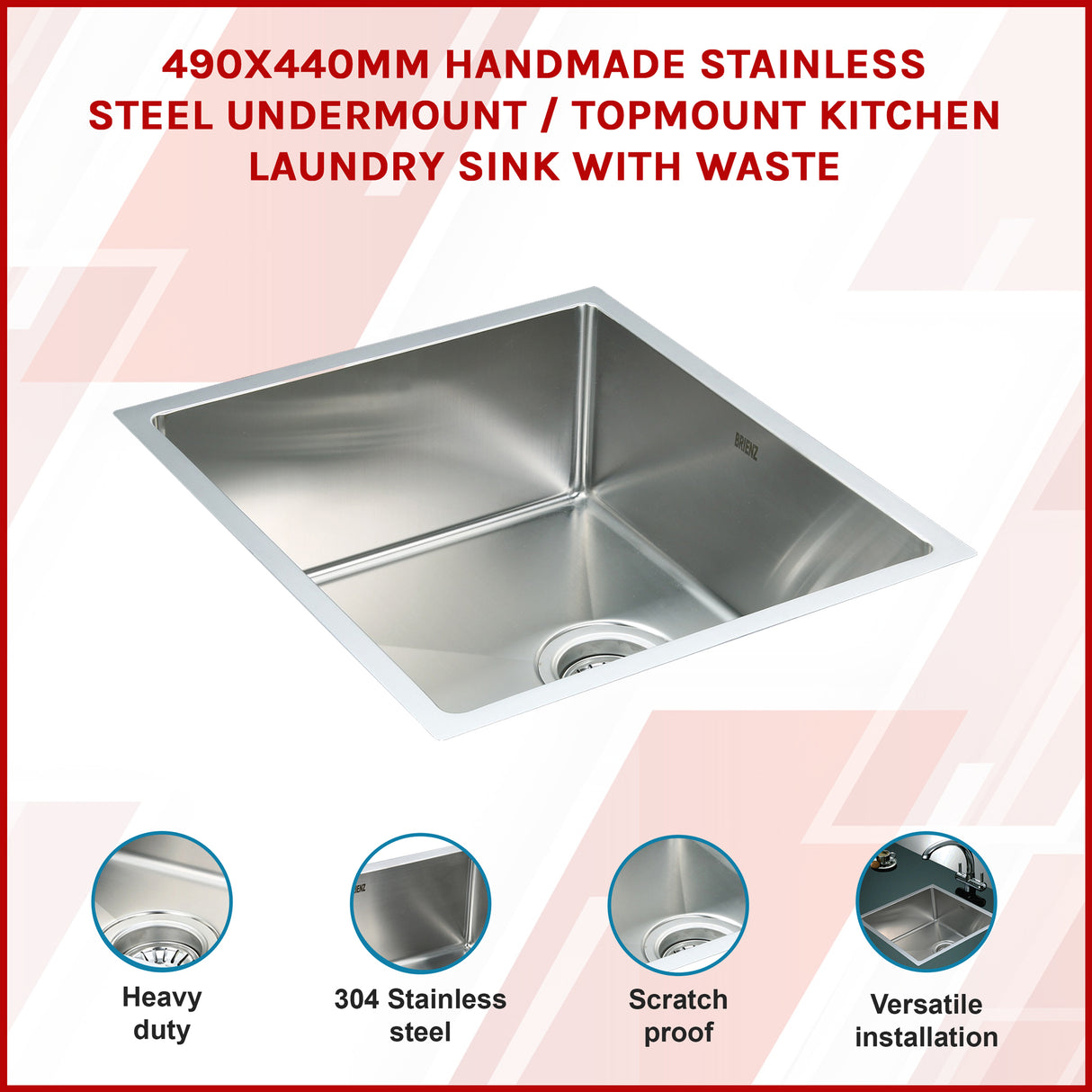 490x440mm Handmade Stainless Steel Undermount / Topmount Kitchen Laundry Sink with Waste