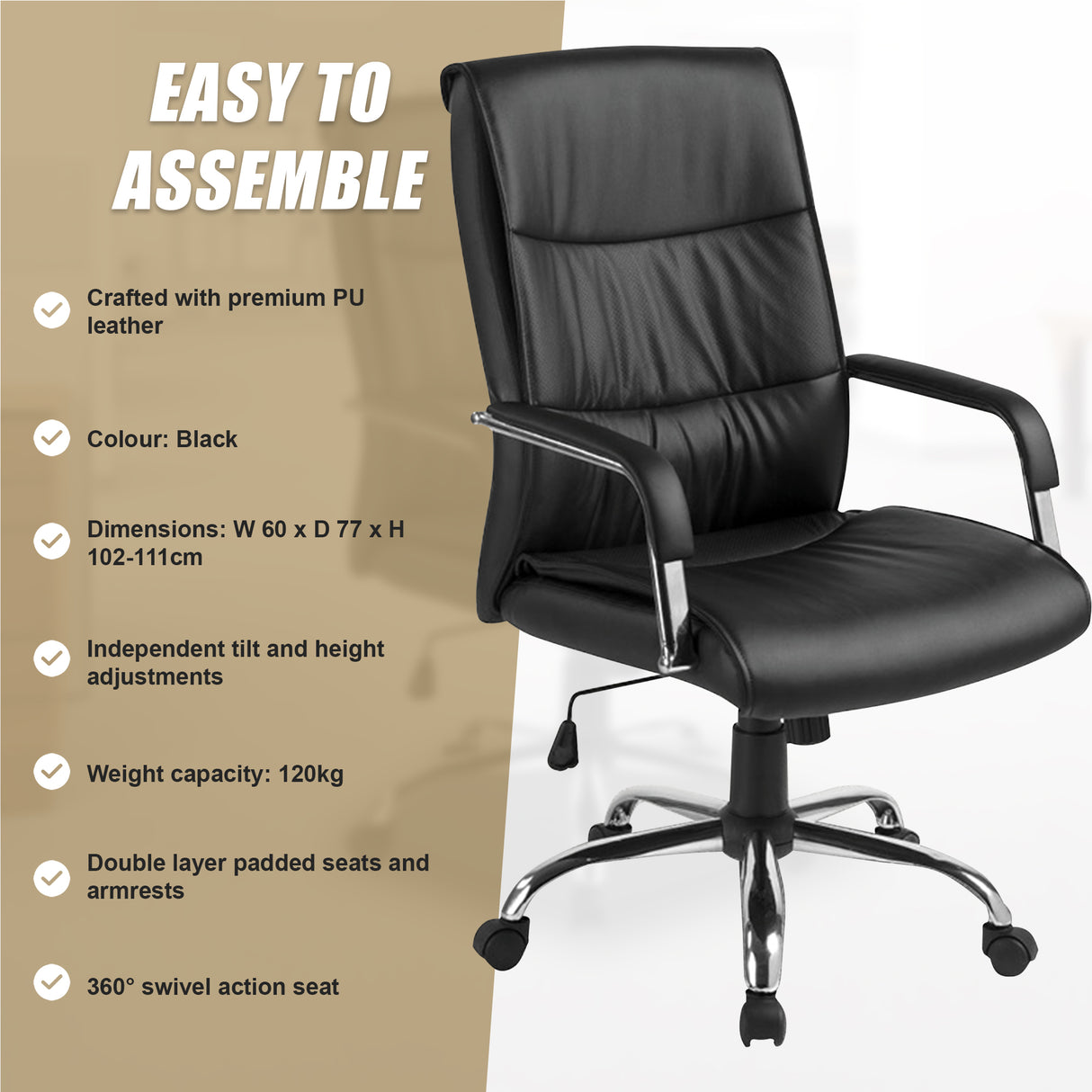 PU Leather Office Chair – Ergonomic Executive Swivel Desk Chair with Padded Seat in Black