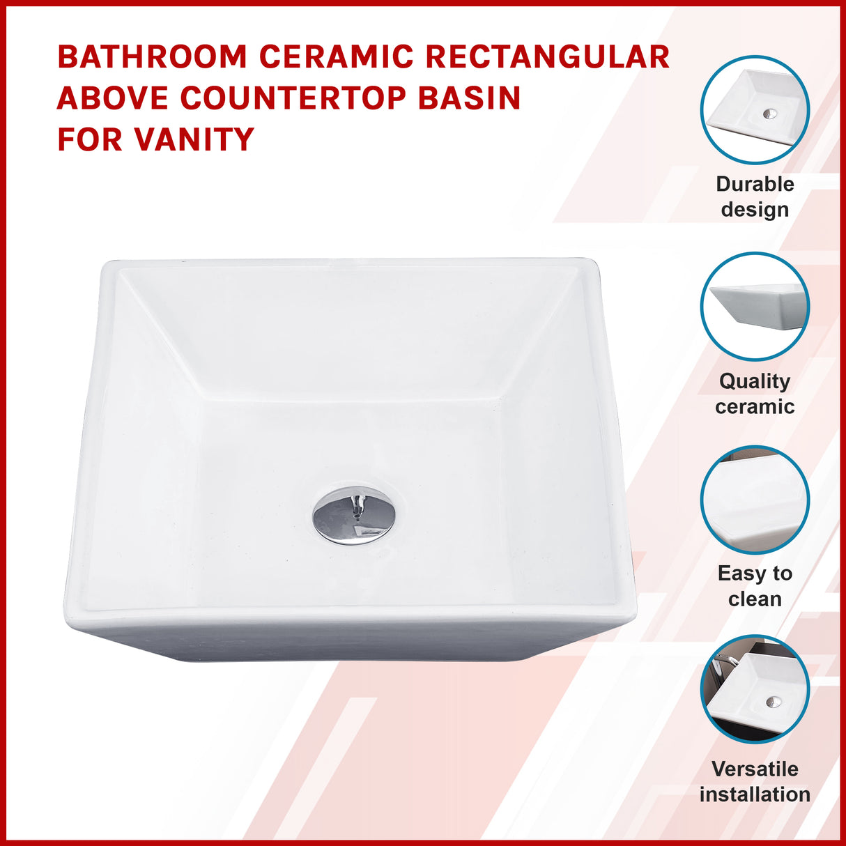 Bathroom Ceramic Rectangular Above Countertop Basin for Vanity