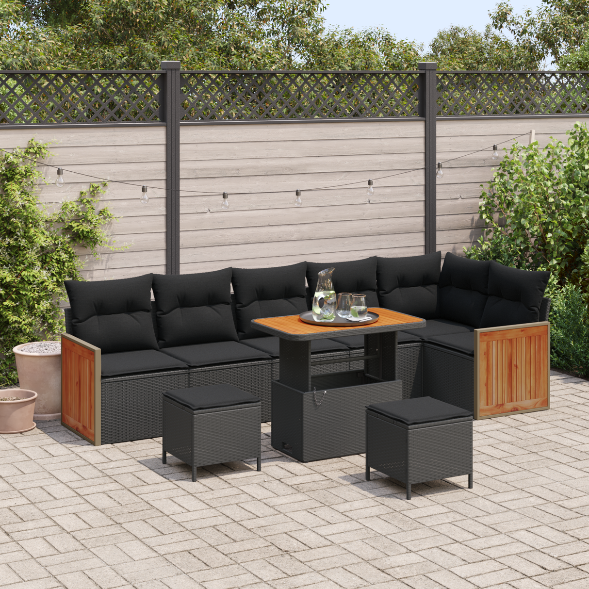 Garden Sofa Set 9 pcs Black Poly rattan and powder-coated steel