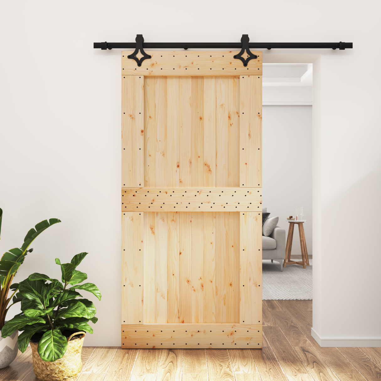 Sliding Door Natural and Black 100 x 210 cm Solid Pine Wood
