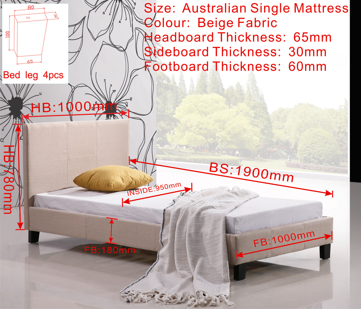Single Linen Fabric Bed Frame Beige
