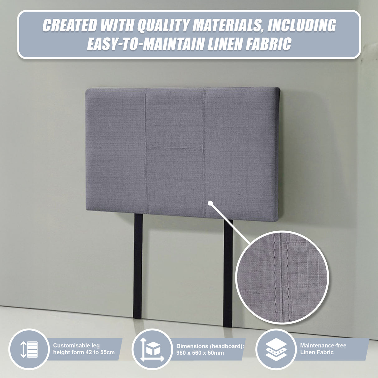 Linen Fabric Single Bed Headboard Bedhead - Grey
