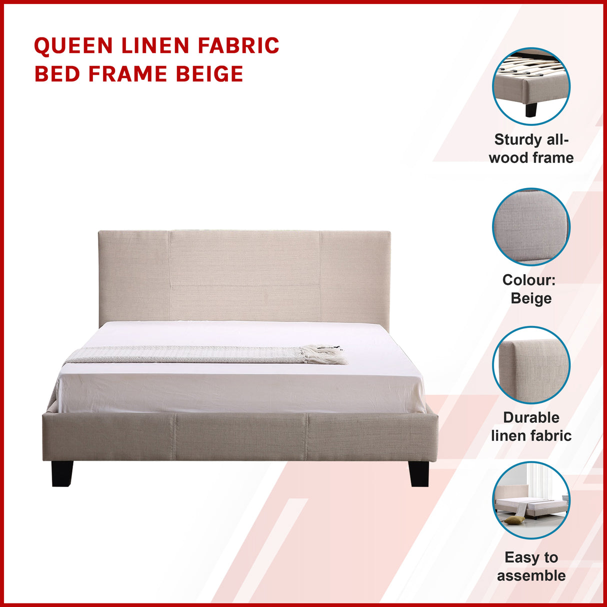 Queen Linen Fabric Bed Frame Beige