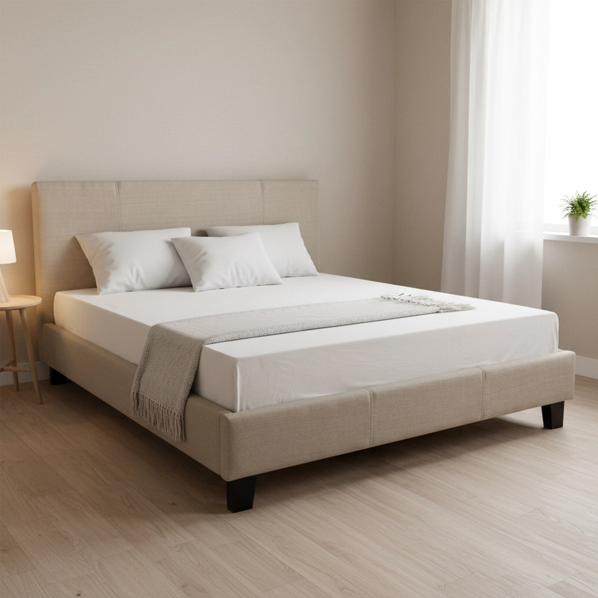 Queen Linen Fabric Bed Frame Beige