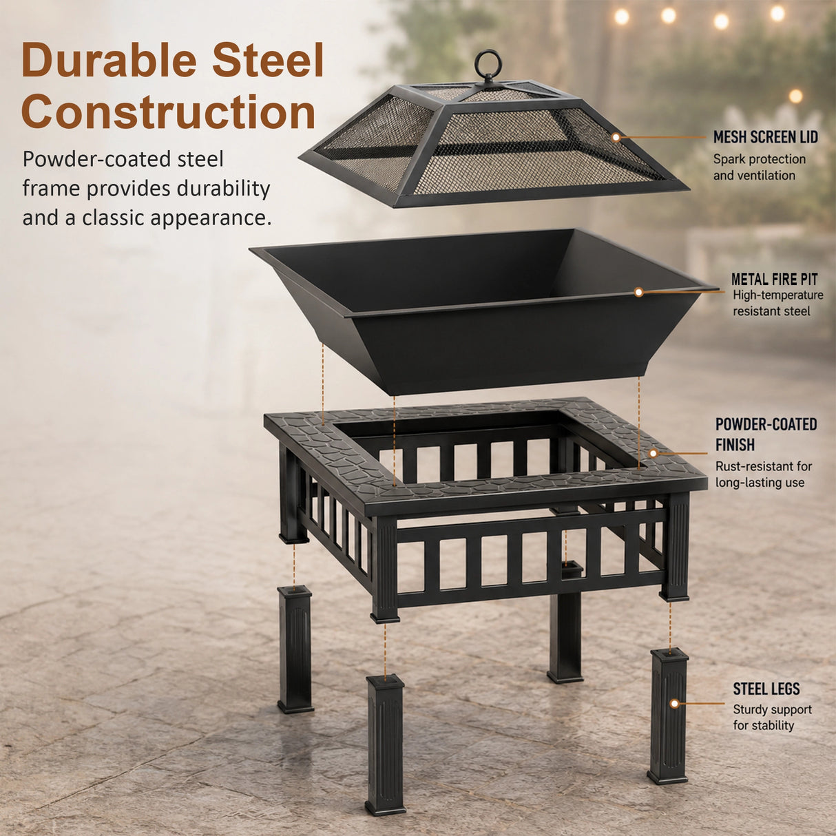 18" Square Metal Fire Pit Outdoor Heater