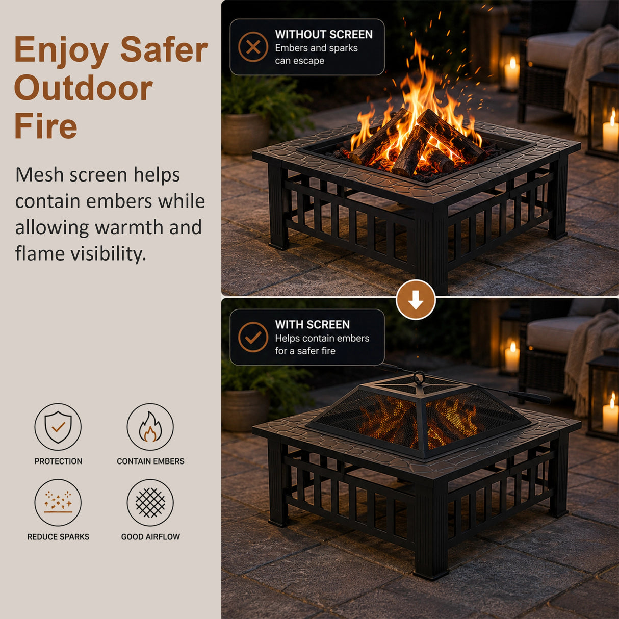 18" Square Metal Fire Pit Outdoor Heater