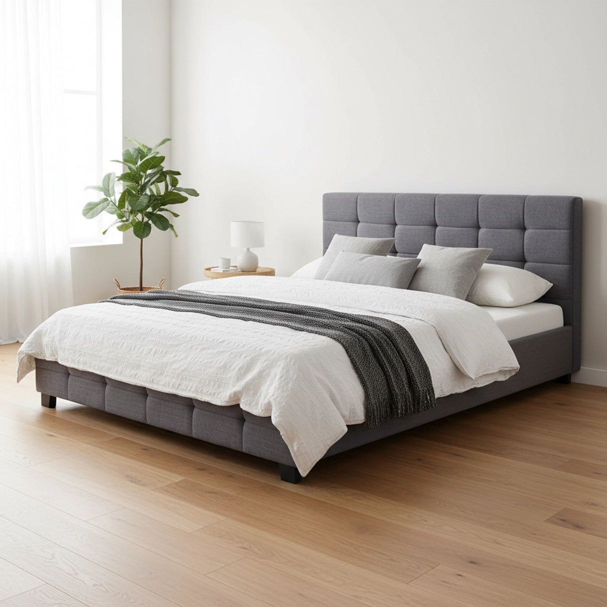 Linen Fabric Queen Deluxe Bed Frame Grey
