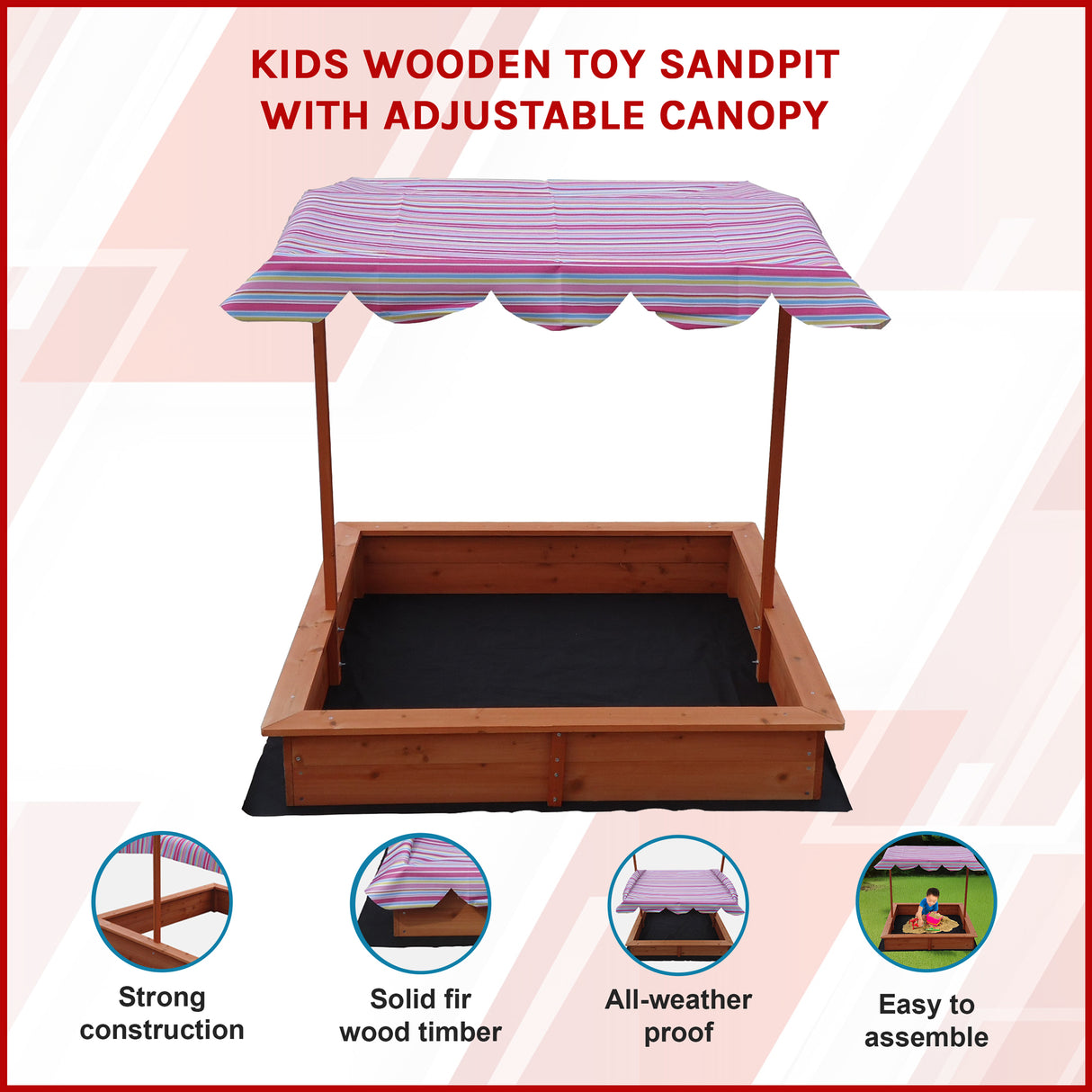 Kids Wooden Toy Sandpit with Adjustable Canopy