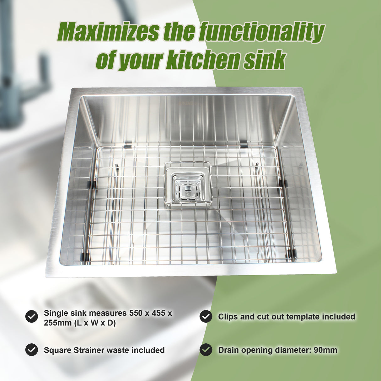 550x455mm Handmade 1.5mm Stainless Steel Undermount / Topmount Kitchen Sink with Square Waste