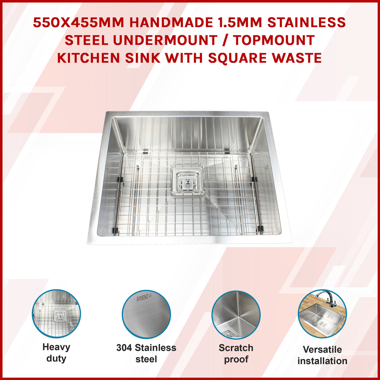 550x455mm Handmade 1.5mm Stainless Steel Undermount / Topmount Kitchen Sink with Square Waste