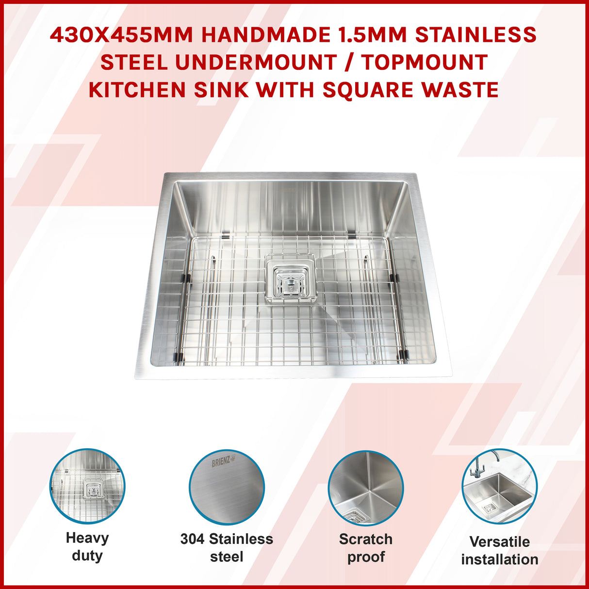 430x455mm Handmade 1.5mm Stainless Steel Undermount / Topmount Kitchen Sink with Square Waste