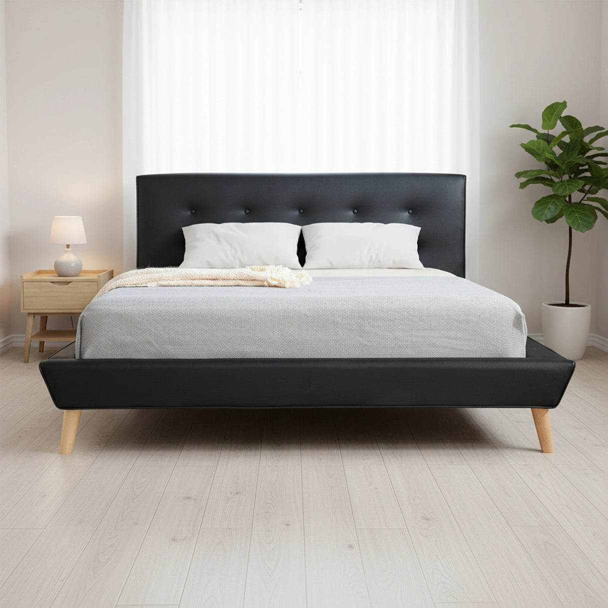 Double PU Leather Deluxe Bed Frame Black