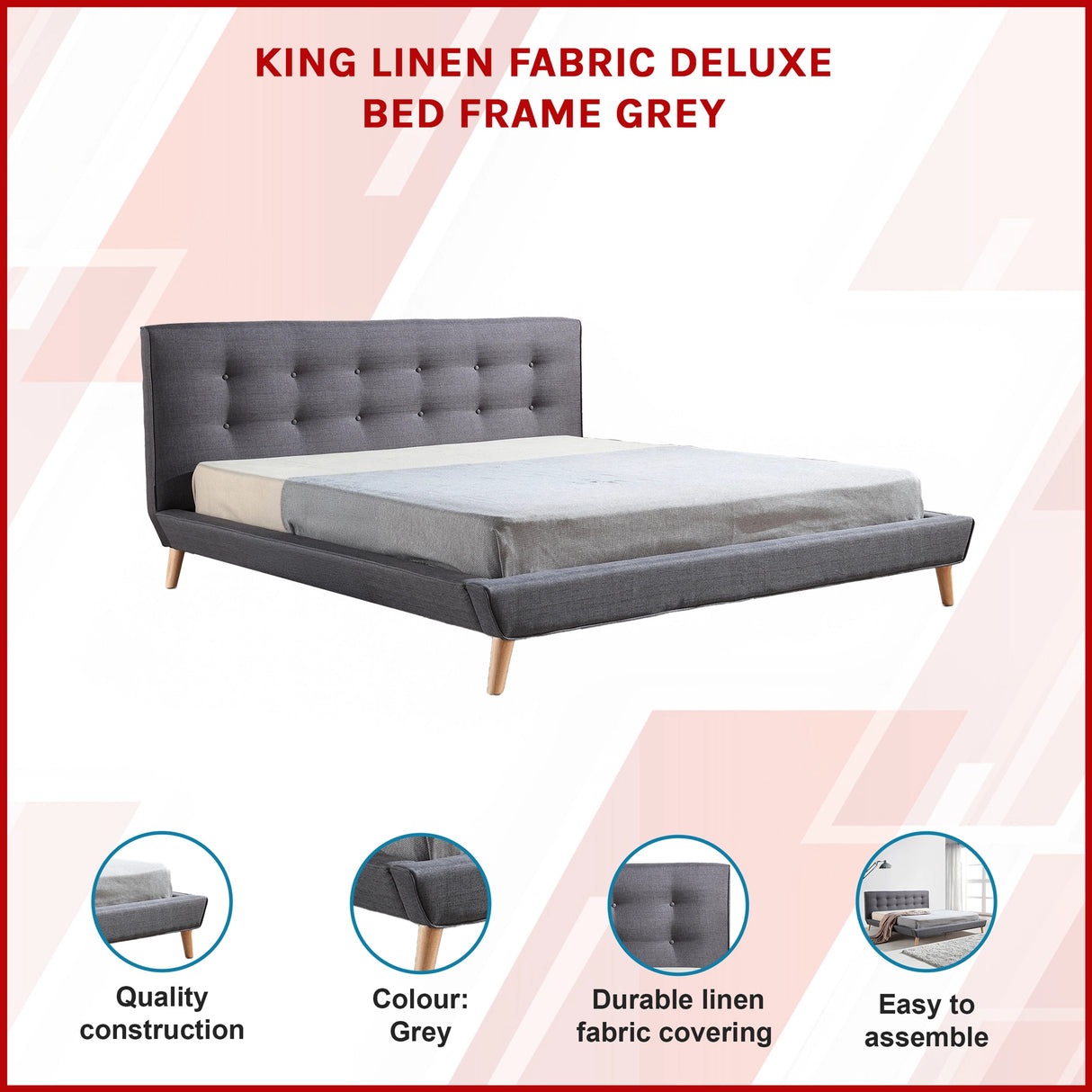 King Linen Fabric Deluxe Bed Frame Grey