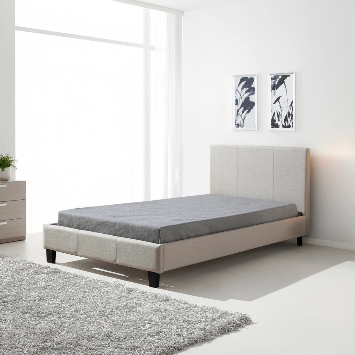 King Single Linen Fabric Bed Frame Beige