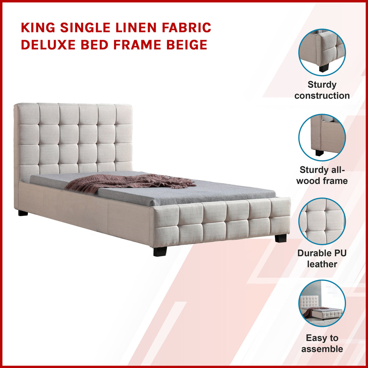King Single Linen Fabric Deluxe Bed Frame Beige