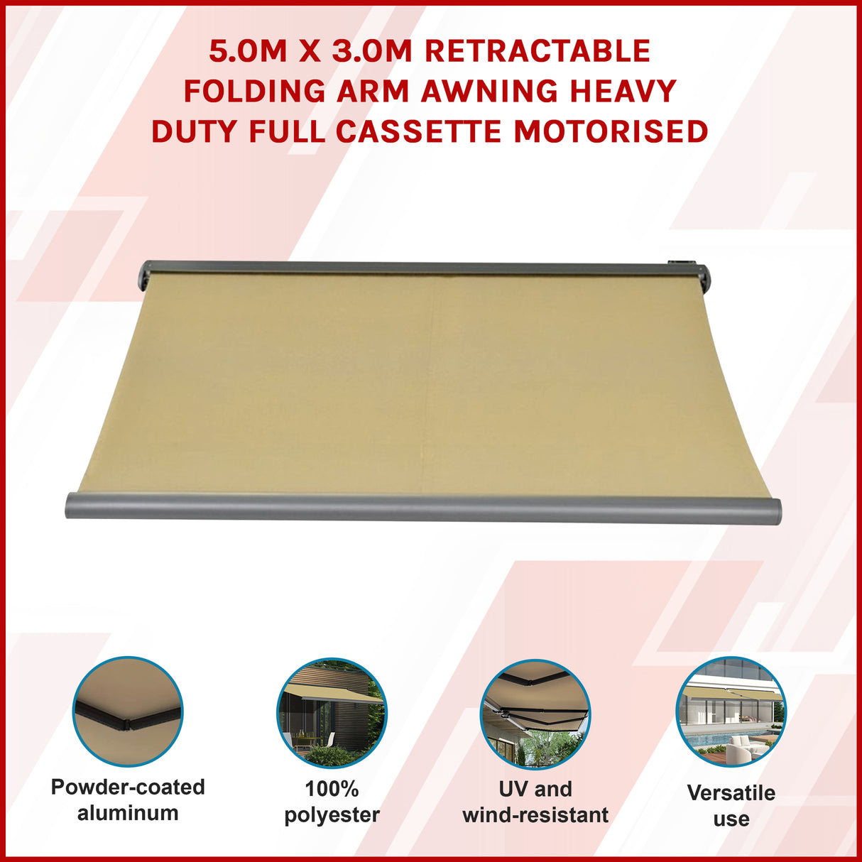Heavy Duty Full Cassette Motorised Awning - 5.0m x 3.0m