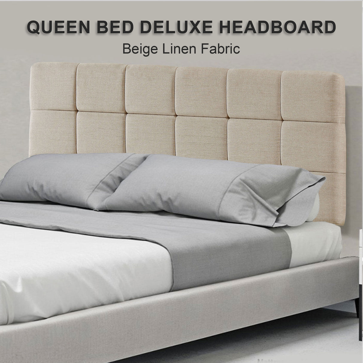Linen Fabric Queen Bed Deluxe Headboard Bedhead - Beige