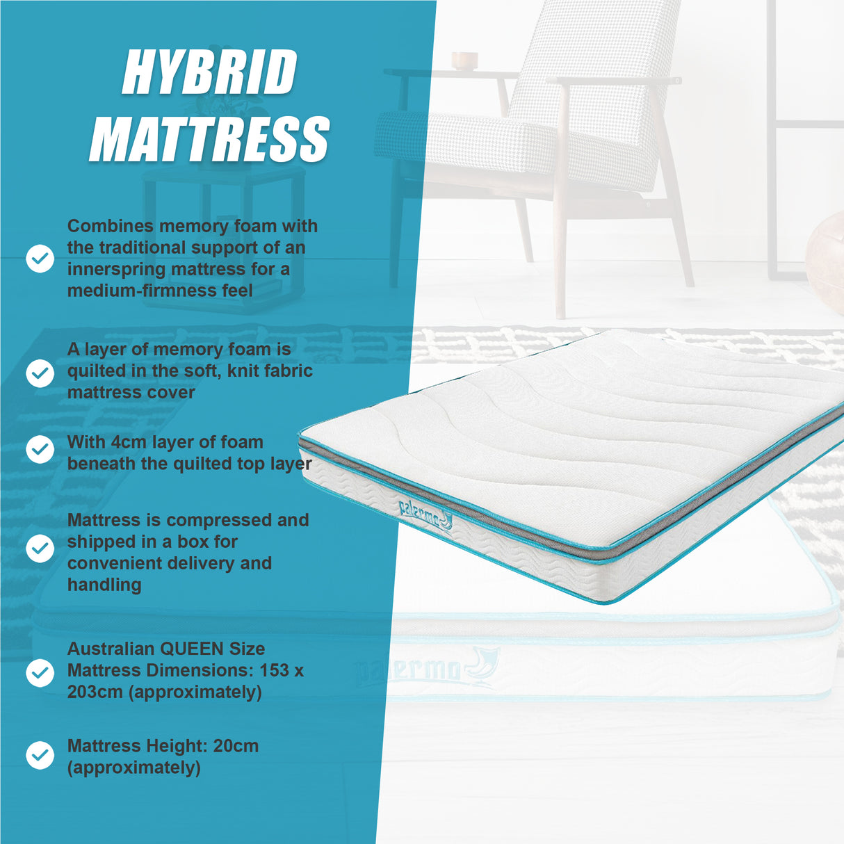 Queen 20cm Hybrid Mattress – Memory Foam and Innerspring Support
