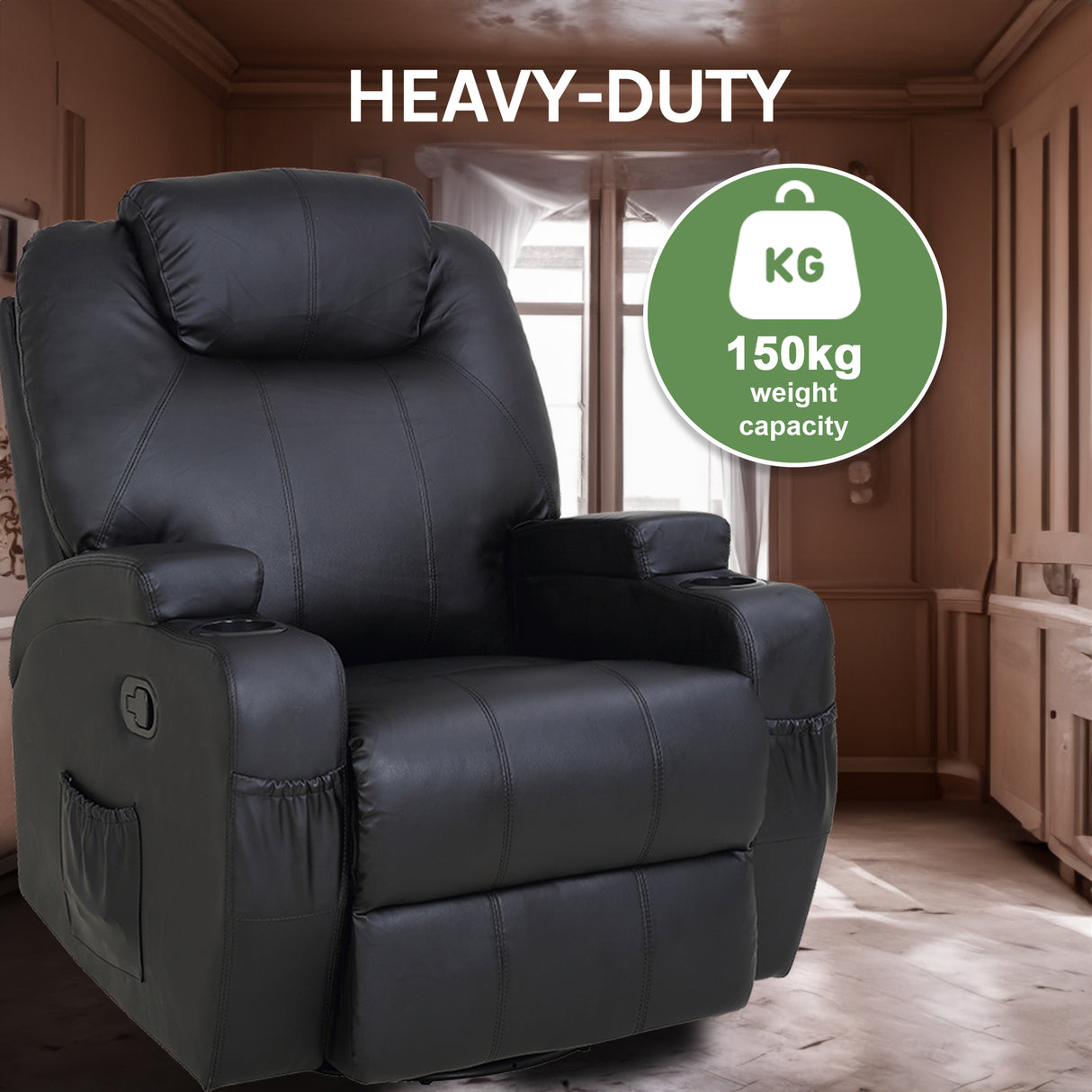 Black Massage Sofa Chair Recliner 360 Degree Swivel PU Leather Lounge 8 Point Heated