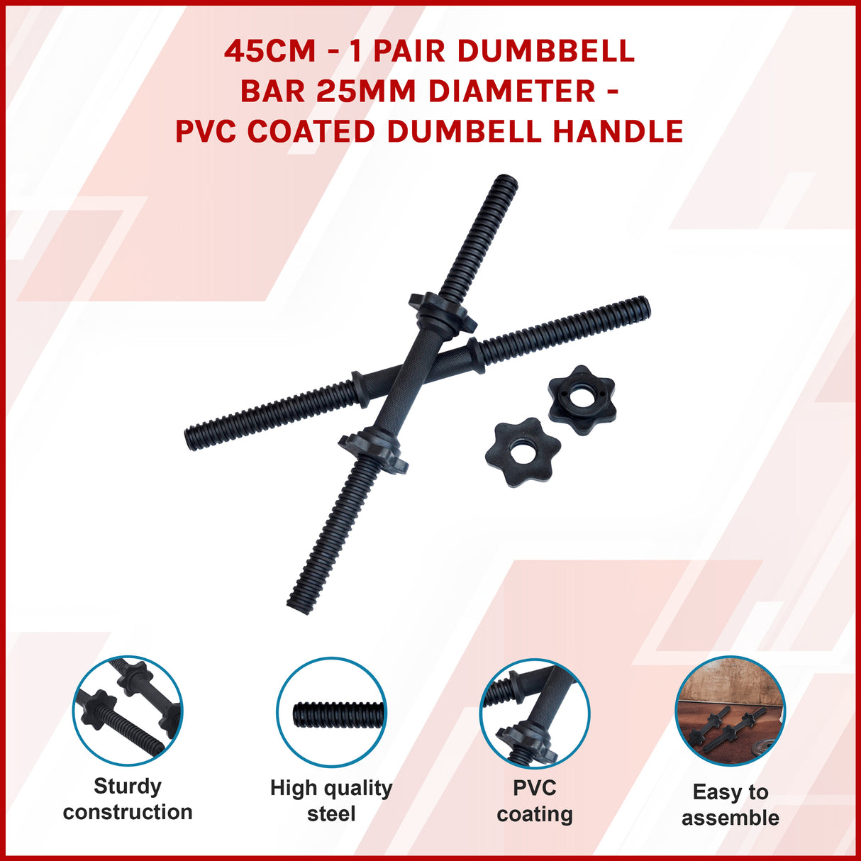 45cm - 1 Pair Dumbbell Bar 25mm Diameter - PVC Coated Dumbell Handle