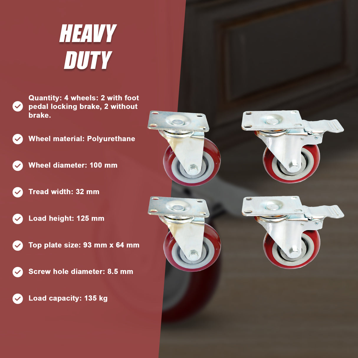 4 x 4" Heavy Duty PU Swivel Castor Wheels With Brake