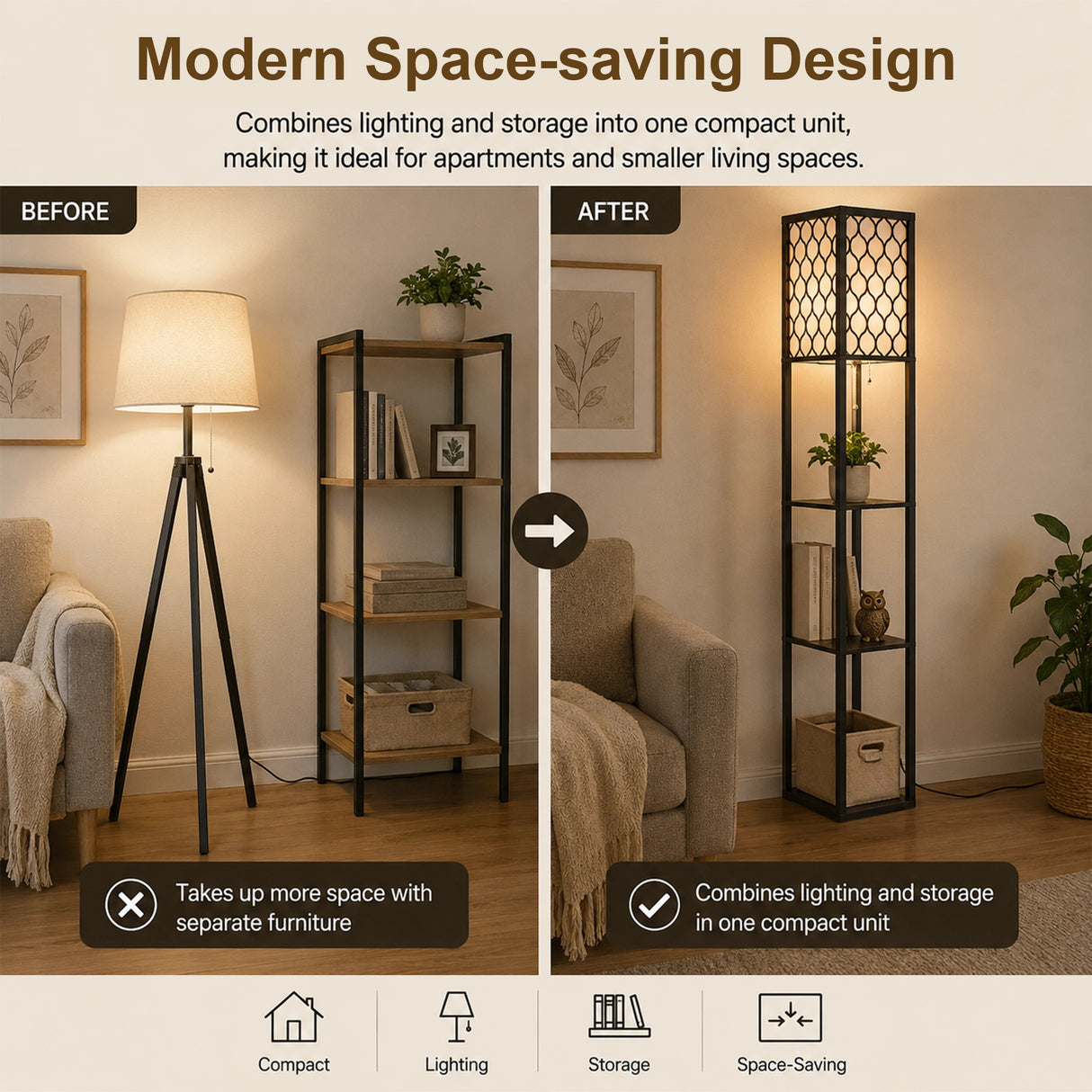 Shelf Floor Lamp - Shade Diffused Light Source with Open-Box Shelves