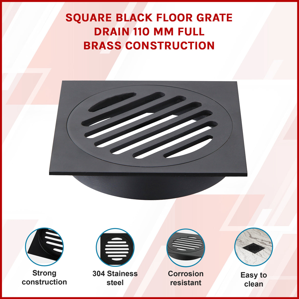 Square Black Floor Grate Drain 110 mm Full Brass Construction