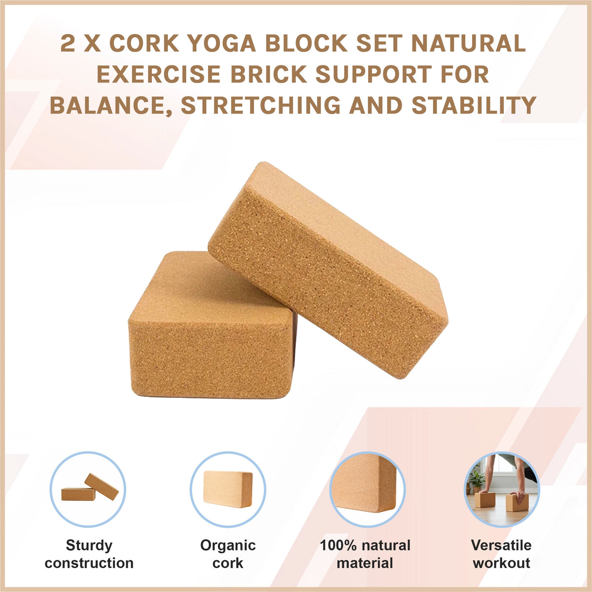 2 x Cork Yoga Block Organic Yoga Prop Accessory Exercise Brick