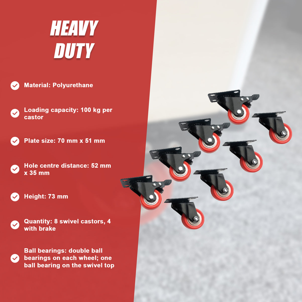 8 x 2" Polyurethane Castor Wheels - Swivel and 4 with brake