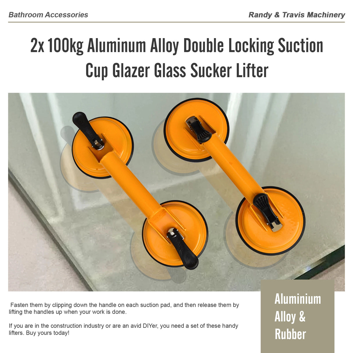 2x 100kg Aluminum Alloy Double Locking Suction Cup Glazer Glass Sucker Lifter