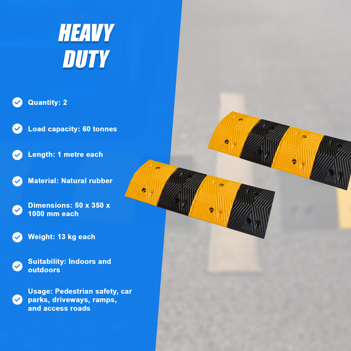 Pair of 1m Long 60T Load Rubber Speed Bump Hump Modular Speed Humps Road Hump