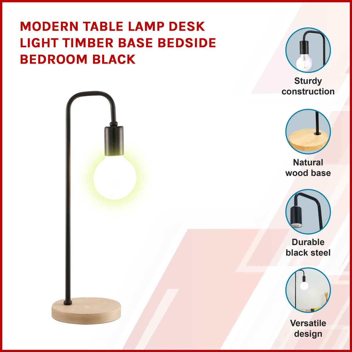 Modern Table lamp Desk Light Timber Base Bedside Bedroom Black