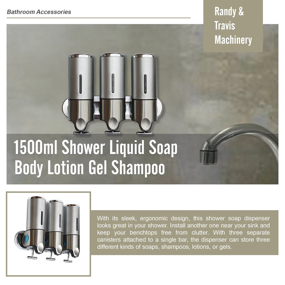 1500ml Shower Liquid Soap Body Lotion Gel Shampoo Bathroom Dispenser