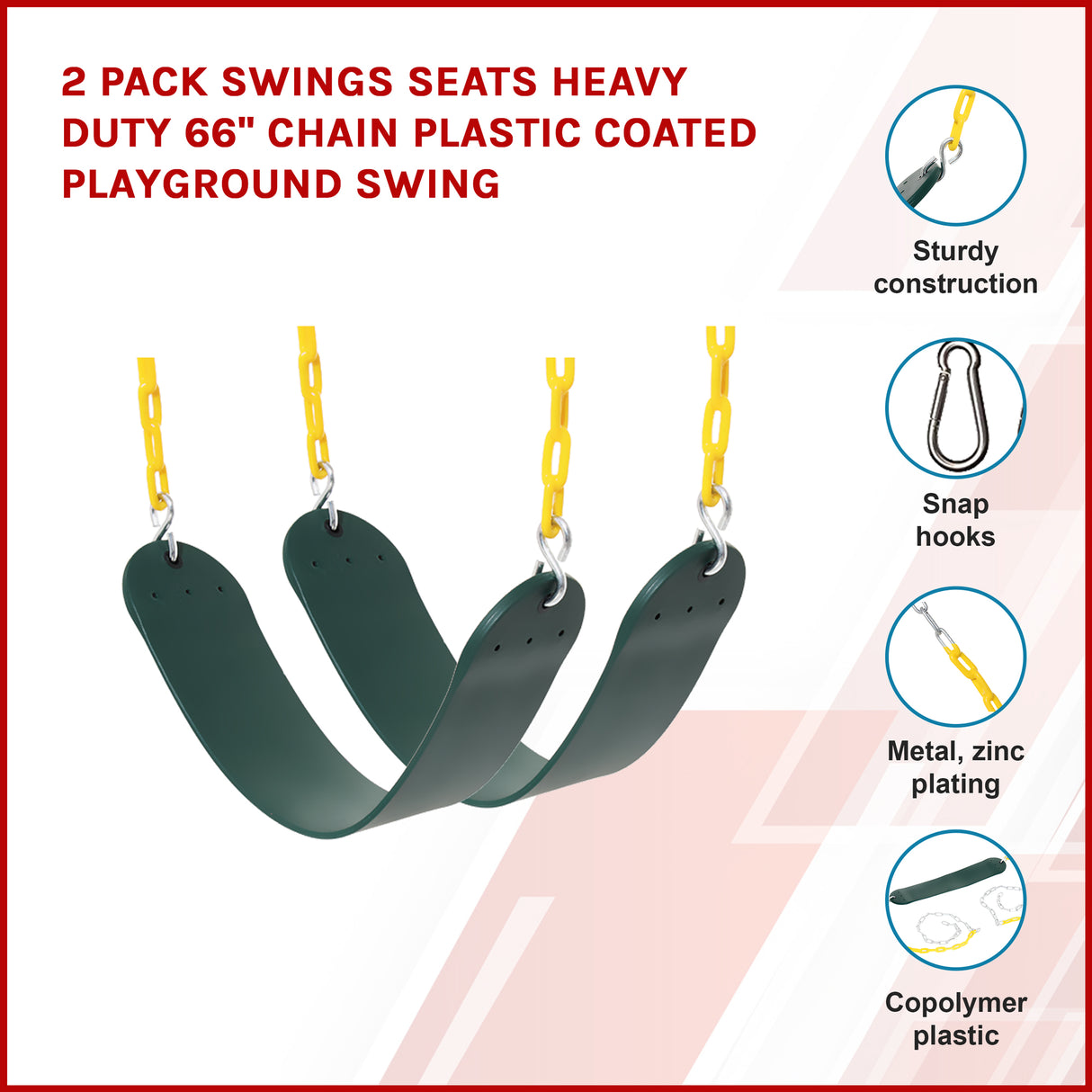 2 Pack Heavy Duty Playground Swing Seats with 66 Inch Plastic Coated Chains for Outdoor Backyard Play